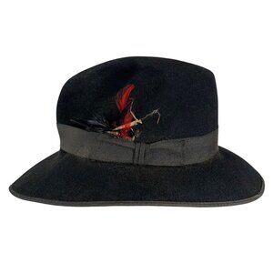 Vintage DOBBS Fifth Ave NY Pure Black Wool Fedora Hat Feather Size 7 1/8 USA